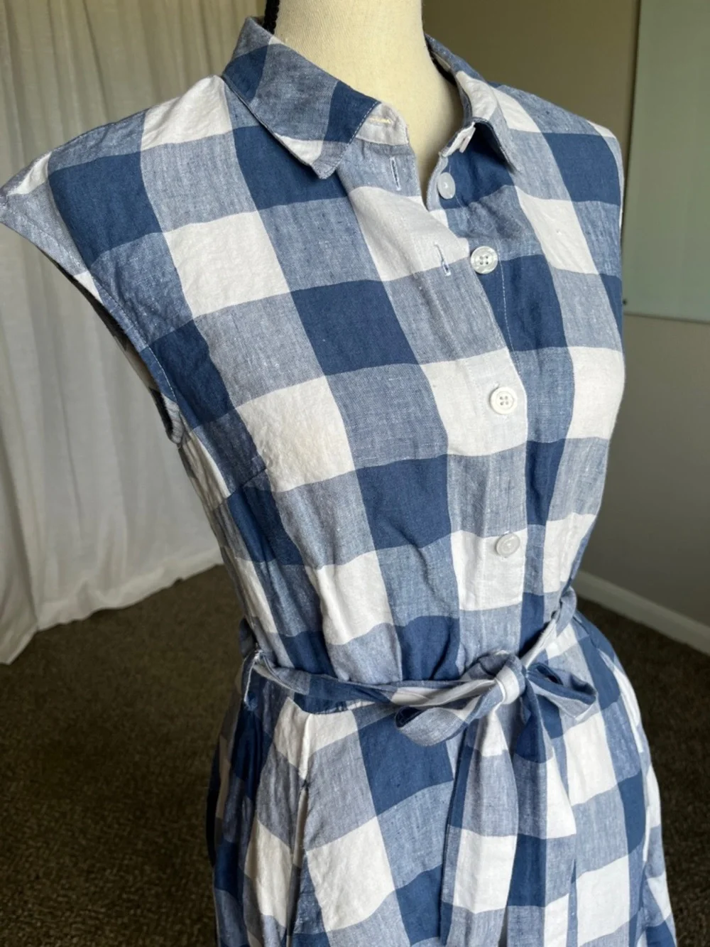 100% Linen Navy Blue White Gingham Midi Dress Button Front with Pockets Size 4 - Picture 2 of 8